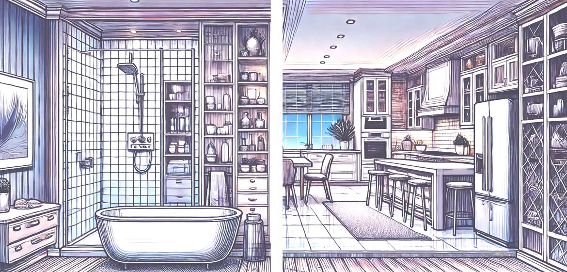 kitchen and bath illustration show a split screen of a bathroom on the left and kitchen on the right